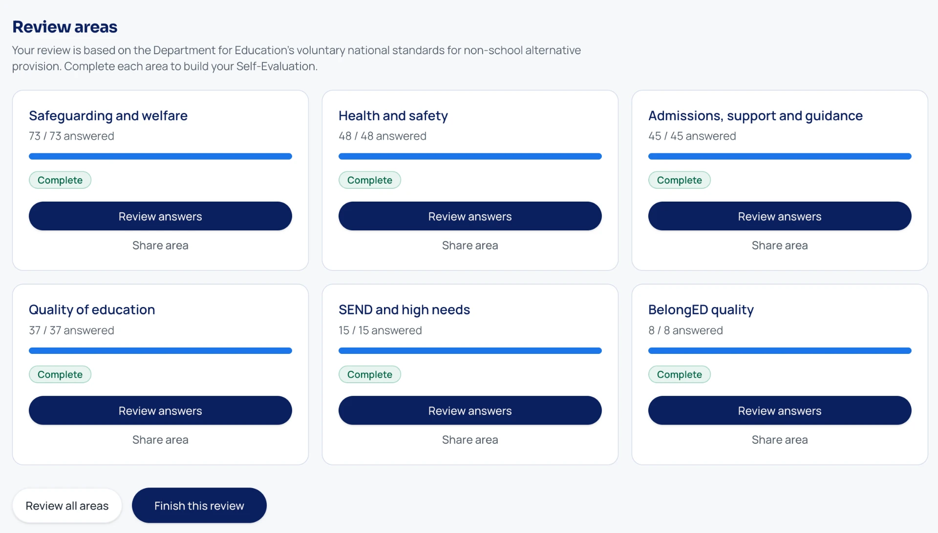 BelongED assurance areas with progress, status and responses for each area