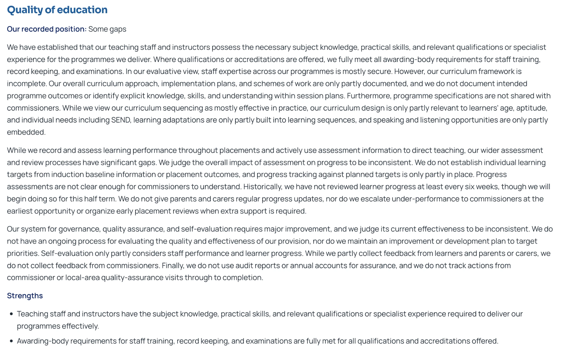 BelongED Self-Evaluation for Quality of education with recorded position, narrative and strengths